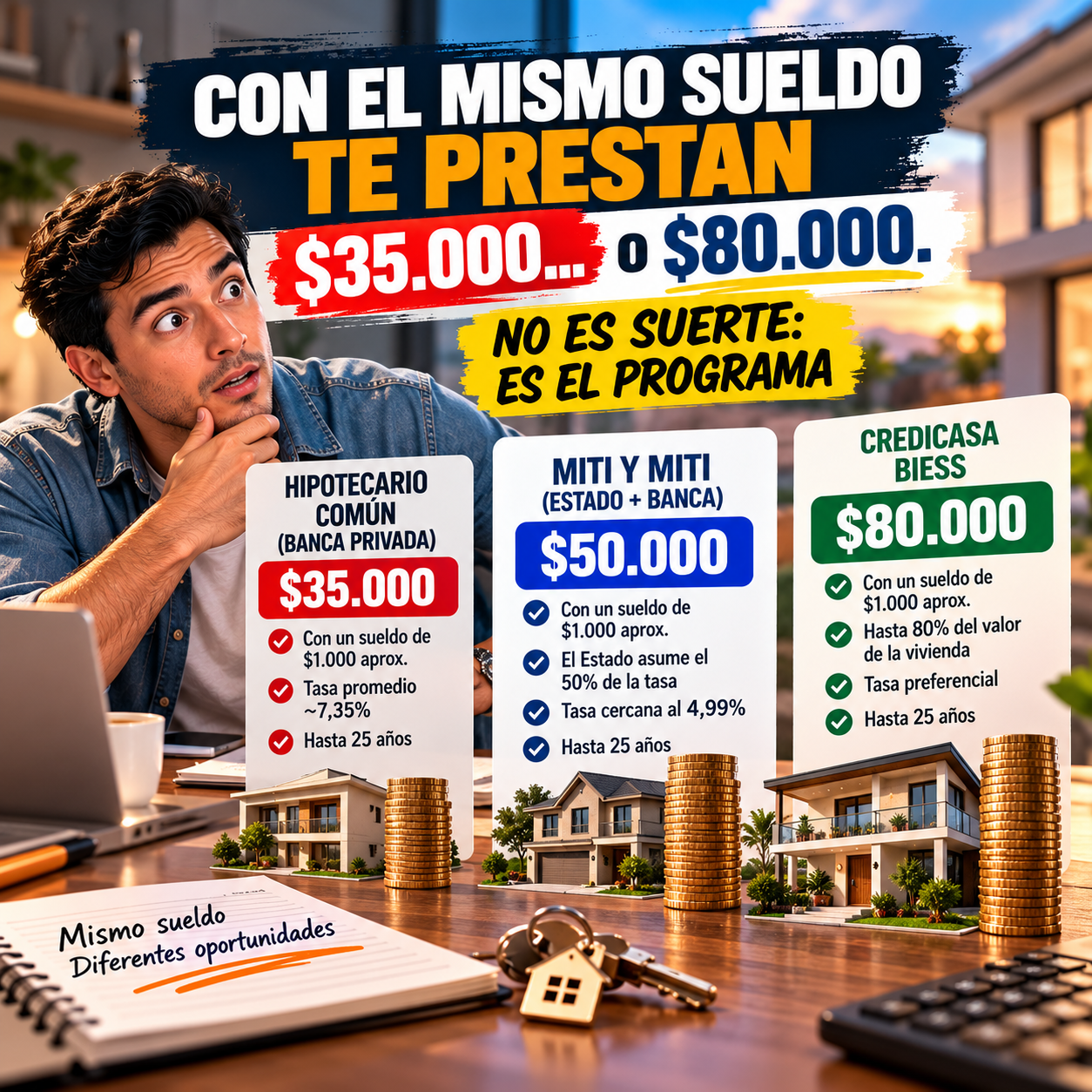 Crédito hipotecario en Ecuador 2026: Miti Miti, Credicasa del Biess y banca privada comparados